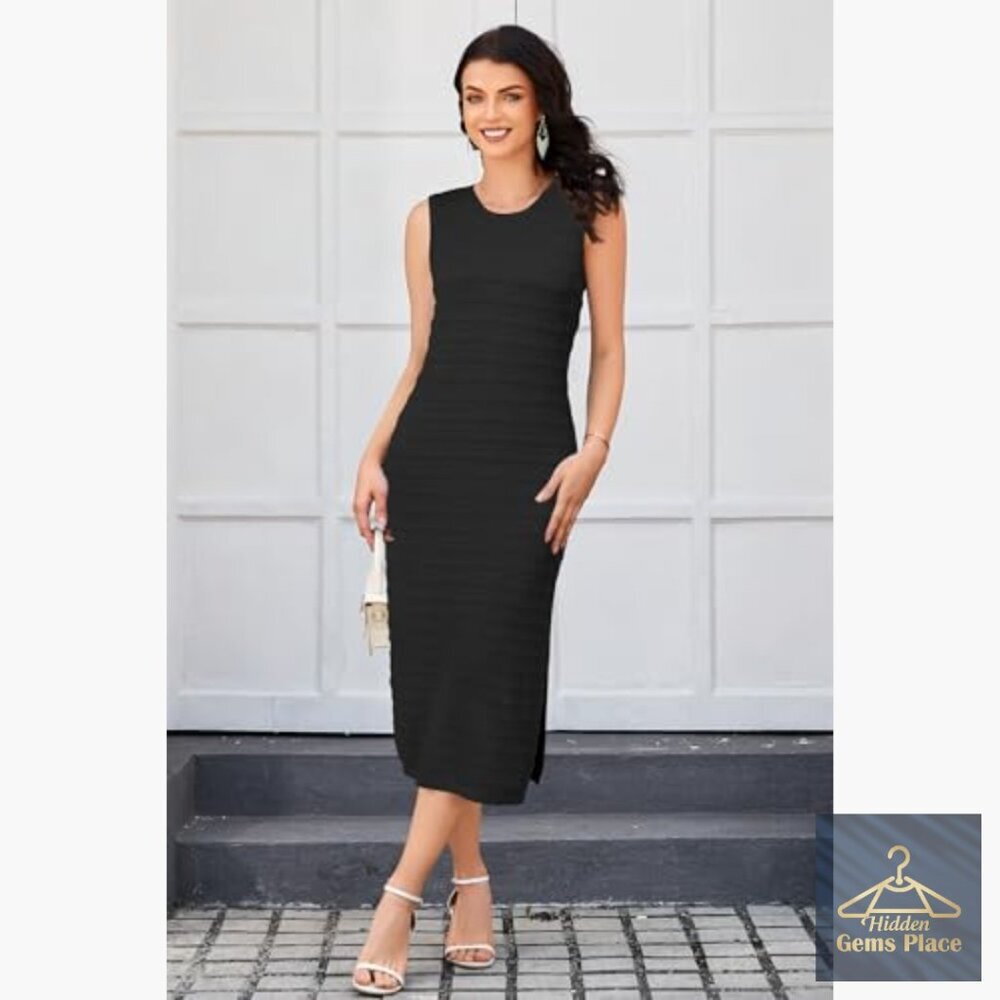 Maternity Midi Dress Sleeveless Bodycon Striped Side Slit Knit Summer - Picture 4 of 7
